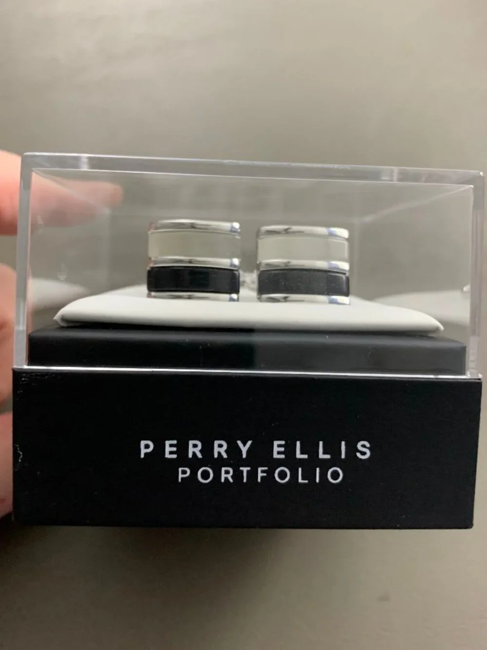 Perry Ellis Portfolio Men's Whale Back Black Gray Stripe Cufflinks